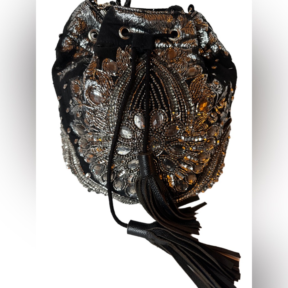 Elegant Black and Silver Beaded Drawstring Bag